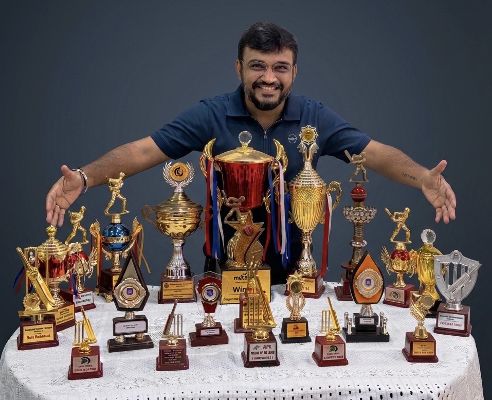 Jigar Pandya with cricket trophies